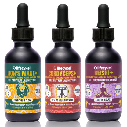 Life Cykel Professional Athletes Pack - Reishi, Lions Mane & Cordyceps Mushroom Extract- Full-Spectrum Mushroom Tincture for Energy, Focus and Immune Health- Vegan, Non-GMO Formula