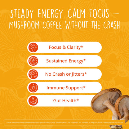 Mushroom Coffee with 125mg Caffeine – Lion’s Mane, Cordyceps, Reishi & Chaga | Adaptogen Nootropic Instant Mushroom Coffee for Energy & Focus | Medium-Dark Roast, Vegan, No Sugar – 30 Servings