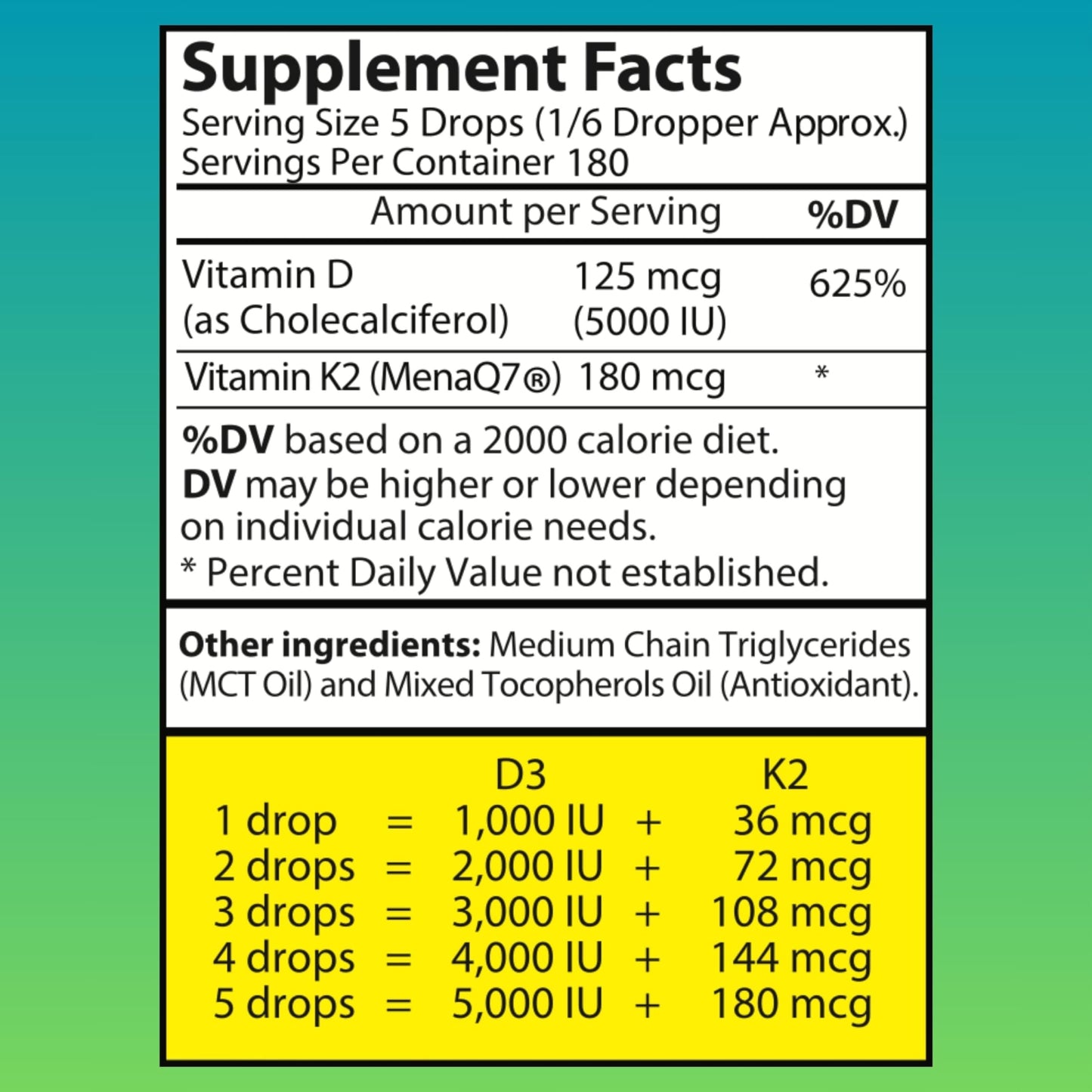 Vitamin D3 K2 Liquid Drops - Vegan Vitamin D3 5000 IU, Vitamin D Drops Adult, No Fillers, Non-GMO, No Taste, Liquid Vitamin d3 with k2 Supplement to Boost Energy Levels, Mood, Immune System, 1 fl oz