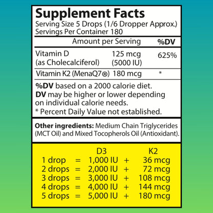 Vitamin D3 K2 Liquid Drops - Vegan Vitamin D3 5000 IU, Vitamin D Drops Adult, No Fillers, Non-GMO, No Taste, Liquid Vitamin d3 with k2 Supplement to Boost Energy Levels, Mood, Immune System, 1 fl oz