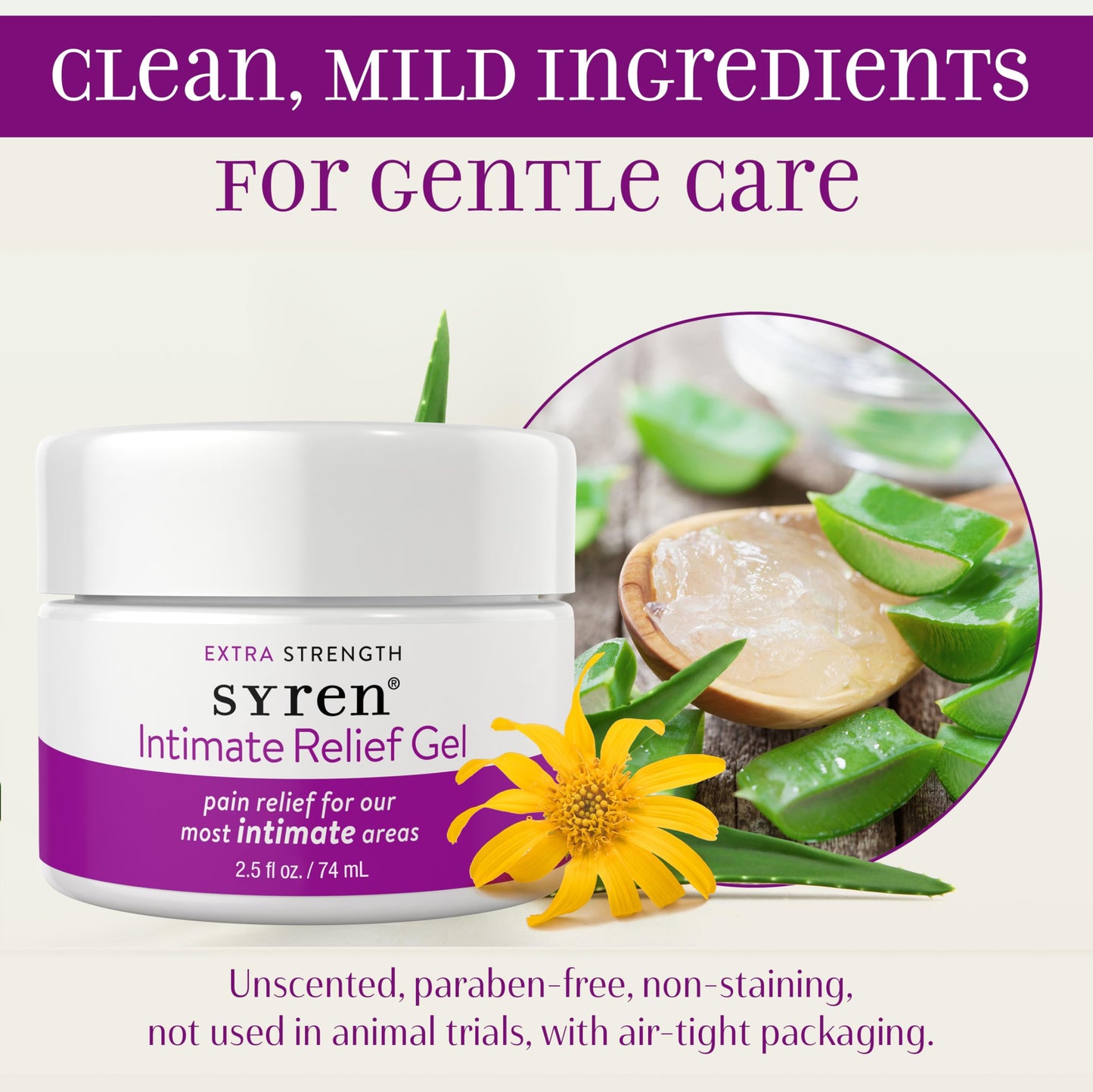 Syren Intimate Relief - Advanced Relief for Sensitive Areas - Moisturizing, Calming Formula with Aloe Vera, Vitamin E, Arnica - Non-Sticky, Unscented, Paraben-Free - 2.5 oz Made in U.S.A