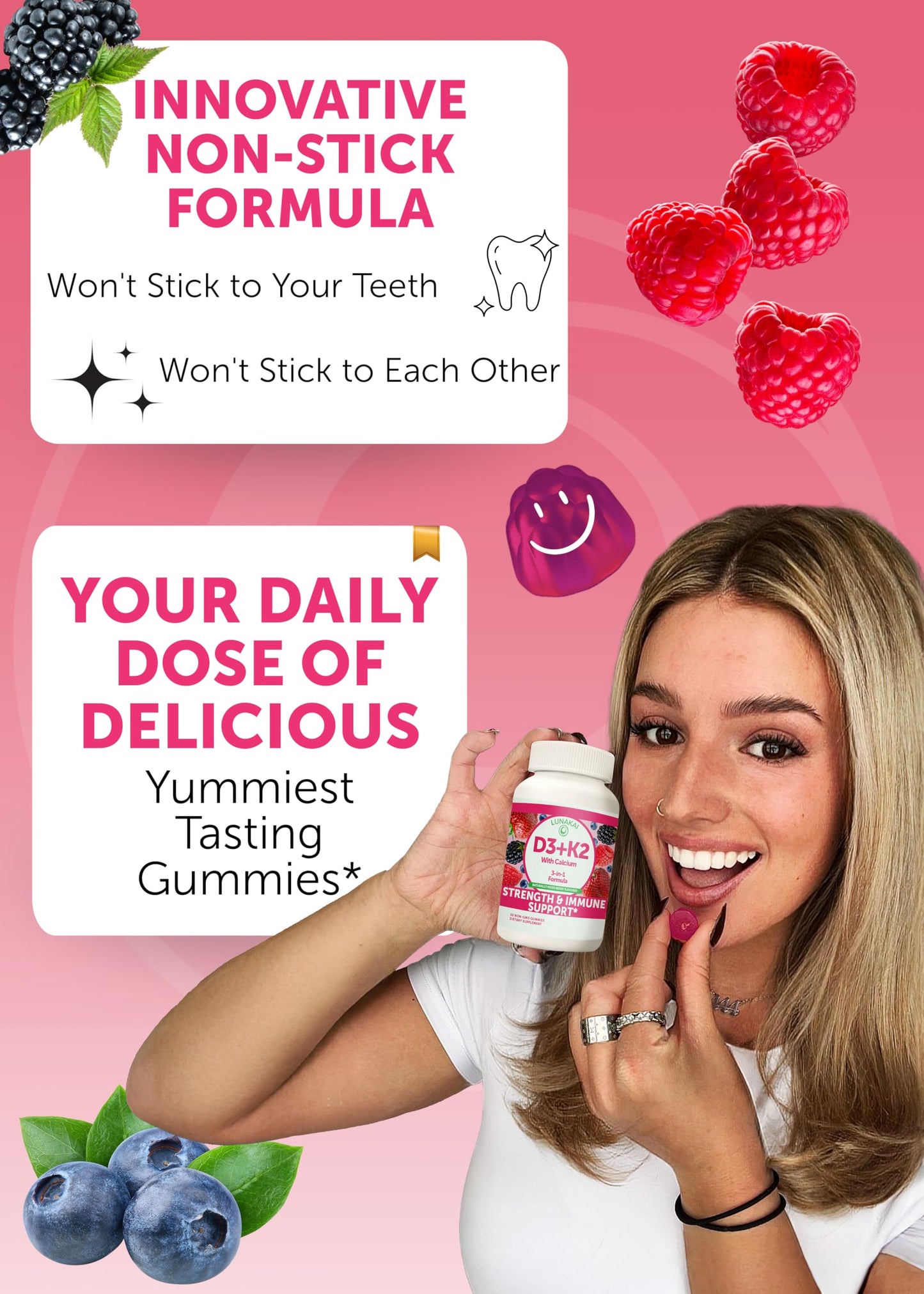 Lunakai USA Made Vitamin D3 K2 Gummies with Calcium for Women, Men & Kids - 3-in-1 Supplement for Bone Health and Immune Support, Vegan 60ct