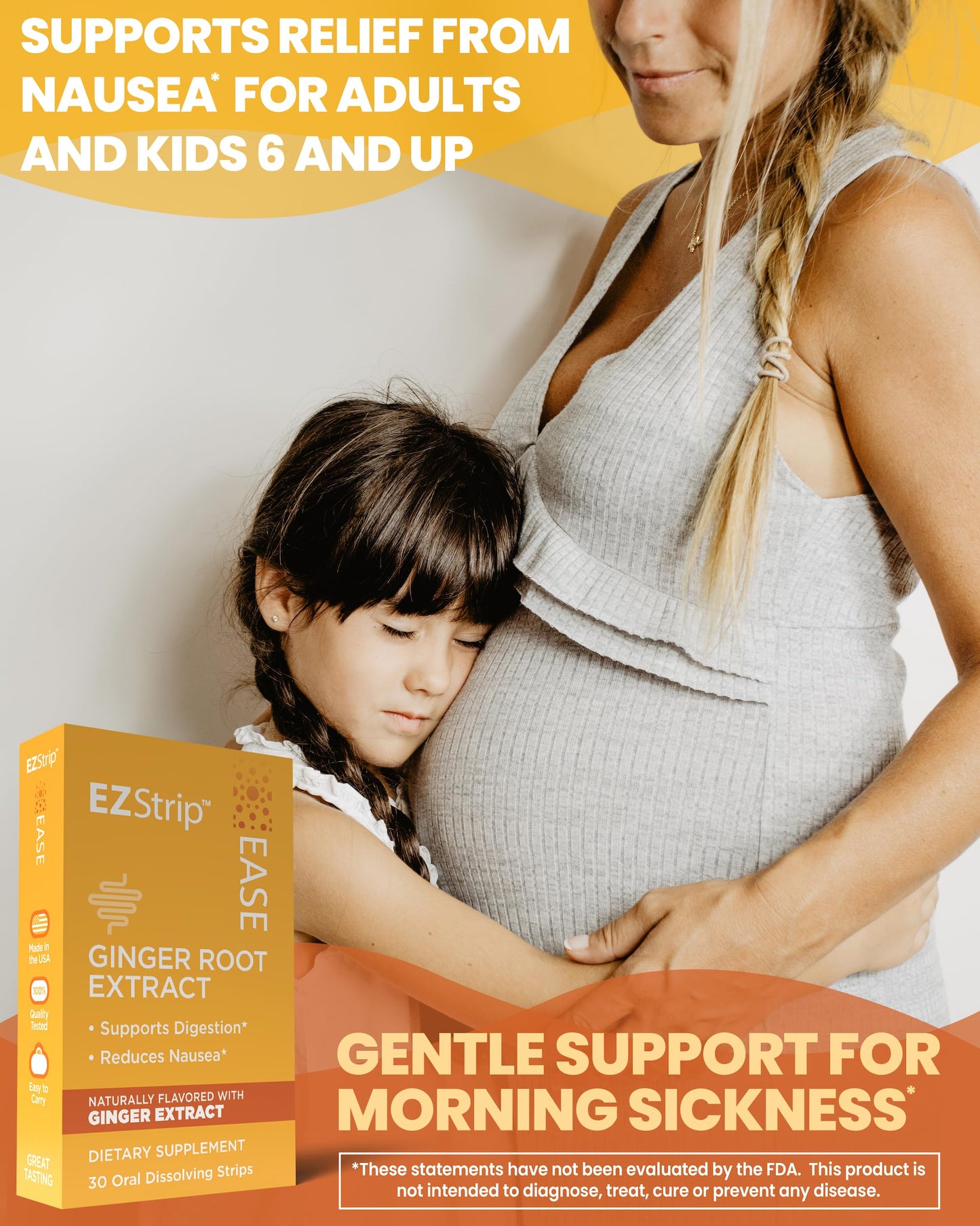EZStrip Ease Supplement - Ginger Flavor, 30 Count - Dissolving Strips with Ginger Root Help Support Nausea Relief, Morning and Motion Sickness, and Digestion - Made in The USA, Sugar and Gluten-Free