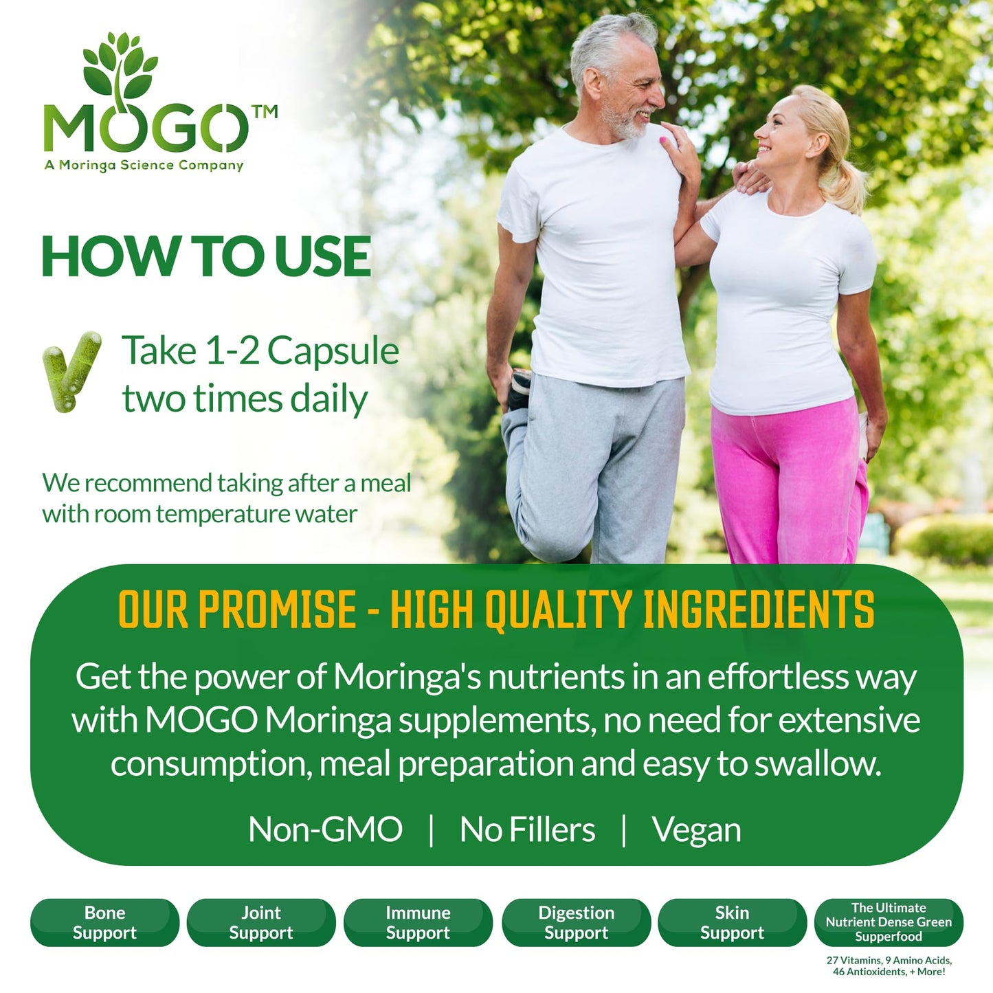 MOGO Moringa Capsules -180 Ct| Boost Energy, Immune, Gut, Joint Support | Made with Pure Organic Moringa Powder Organic Capsules | Made in USA | Antioxidants Rich Complete Green Superfood Supplement
