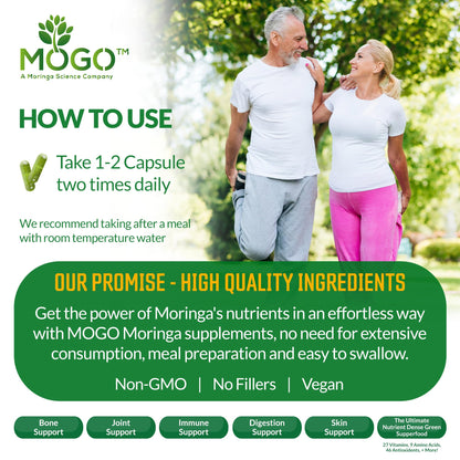 MOGO Moringa Capsules -180 Ct| Boost Energy, Immune, Gut, Joint Support | Made with Pure Organic Moringa Powder Organic Capsules | Made in USA | Antioxidants Rich Complete Green Superfood Supplement