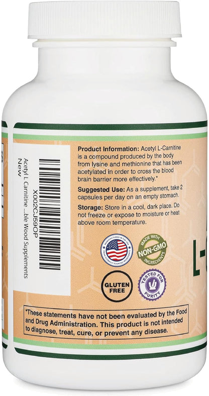 Acetyl L-Carnitine 1,000mg Per Serving, 150 Capsules (ALCAR for Brain Function Support, Memory, Attention, and Stamina) Acetyl L Carnitine That is Third Party Tested by Double Wood