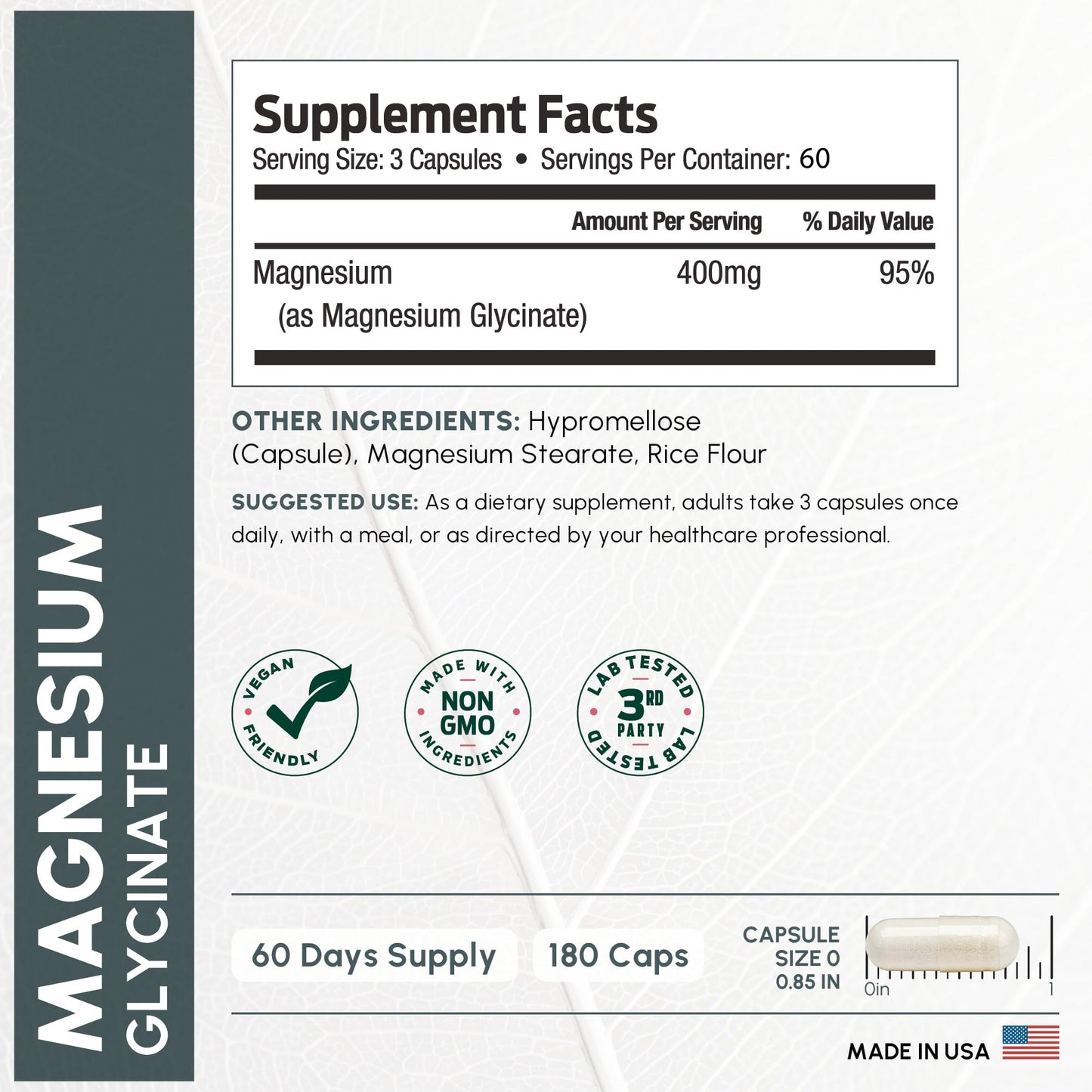 Pure Magnesium Glycinate 400mg Serving - High Absorption Magnesium Glycinate - Mag Bisglycinate for Stress, Bones, Muscles, Nerves, Relaxation & Heart Health, Non GMO & Gluten Free - 180 Capsules
