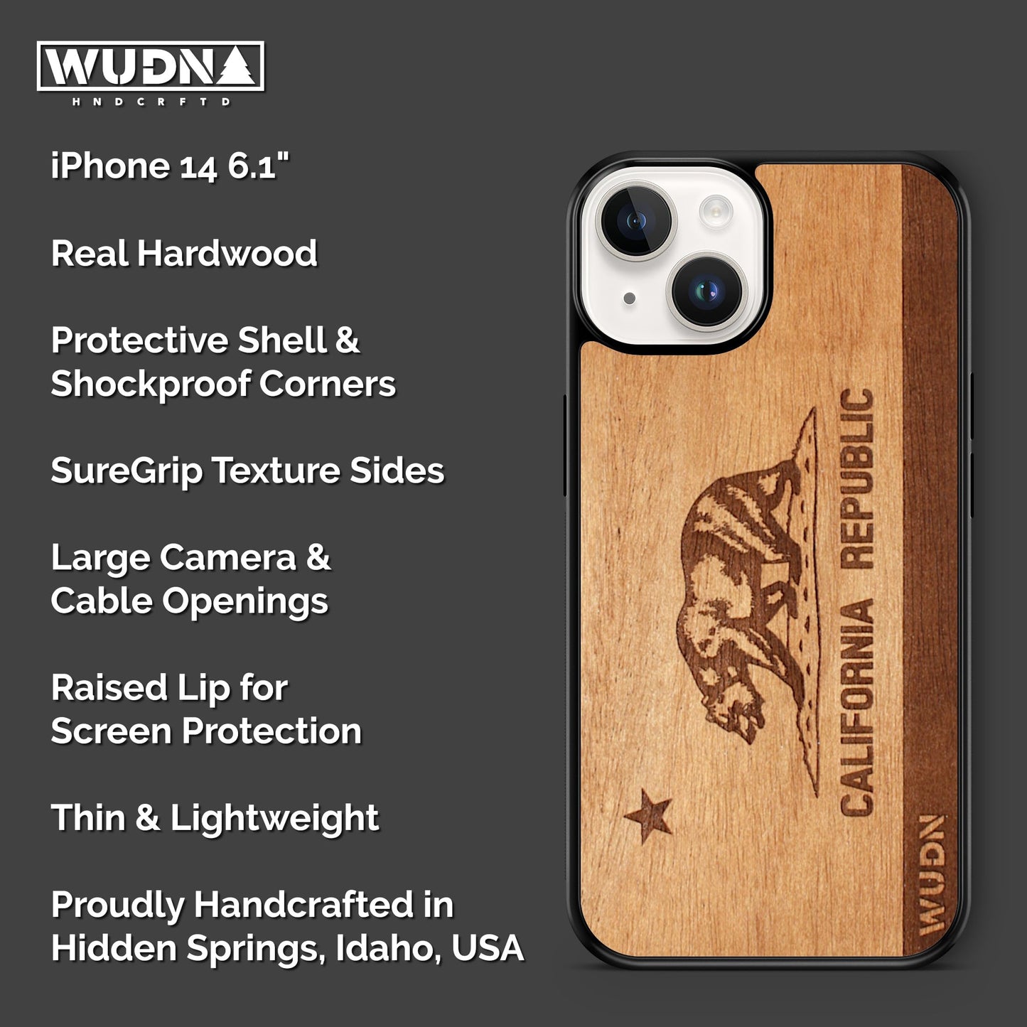 WUDN Slim Wooden Phone Case (California Republic in Mahogany) Compatible with iPhone 14