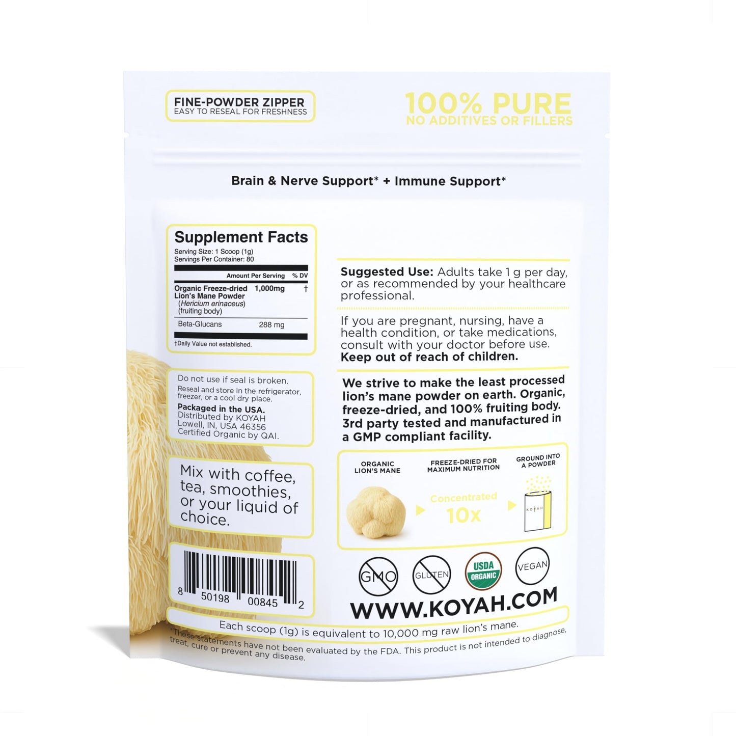 KOYAH - Organic USA Lion's Mane Mushroom Powder - 80 Servings - 100% Fruiting Body, Freeze-Dried, 3rd Party Tested for Beta-Glucans, Non-GMO, Vegan. Brain & Nerve Support. Immune Support.