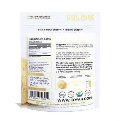 KOYAH - Organic USA Lion's Mane Mushroom Powder - 80 Servings - 100% Fruiting Body, Freeze-Dried, 3rd Party Tested for Beta-Glucans, Non-GMO, Vegan. Brain & Nerve Support. Immune Support.