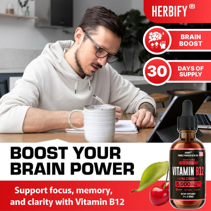 HERBIFY Vitamin B12 Methylated Multivitamin Energy Supplements for Women & Men - Liquid B12 Vitamins 5000 Mcg Methylcobalamin - Energy Support and Immune Health Liquid Vitamin 2 Oz