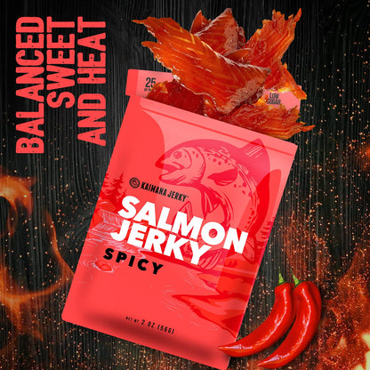 Kaimana Jerky Wild Caught Salmon Jerky - Organic Gourmet Dried Fish Strips Rich in Omega-3 & Protein - Low-Calorie Sweet Seafood Snack with No Gluten, Less Sodium & Sugar - Spicy Flavor - 2oz Pack