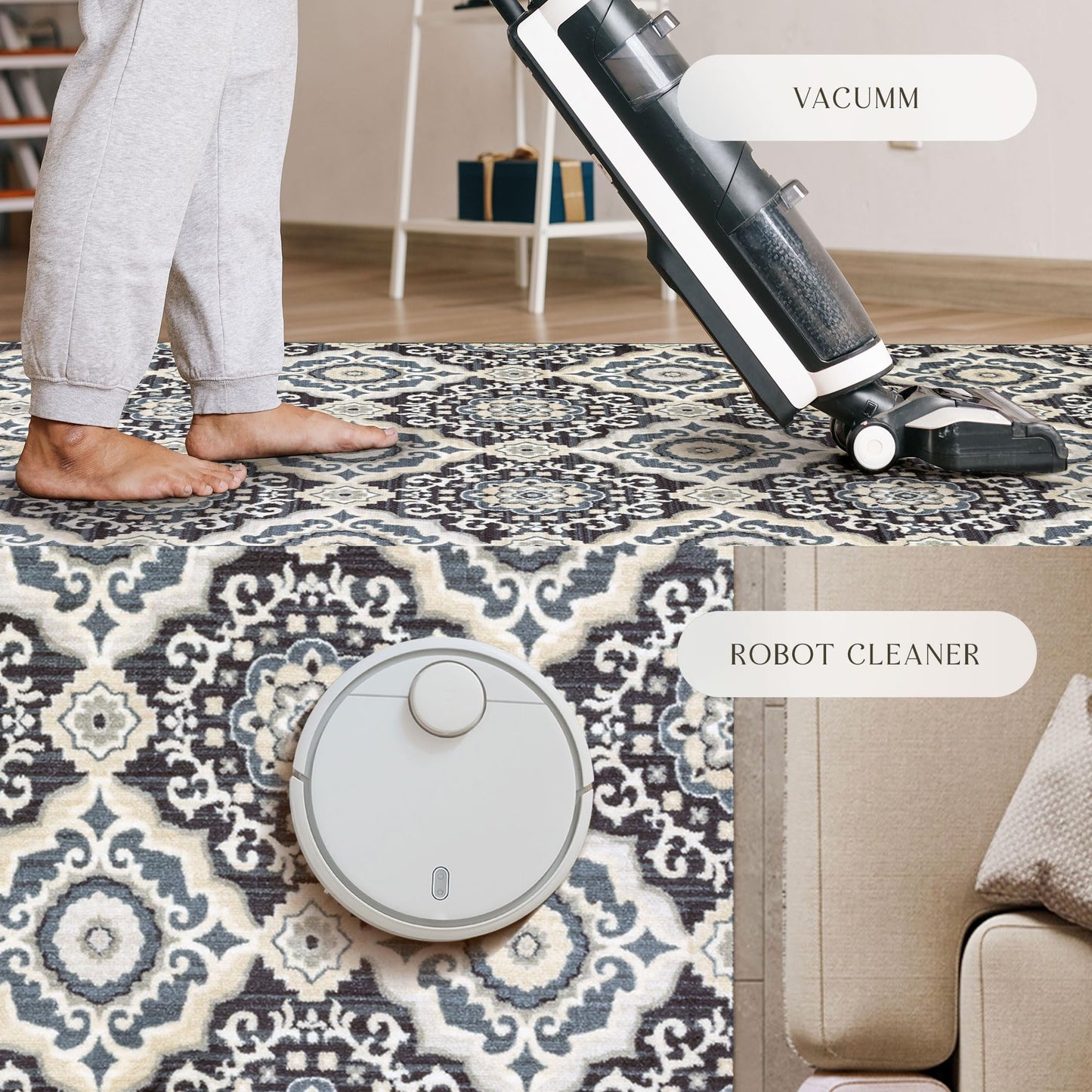 Maples Rugs Camilla Medallion Area Rug - Made in USA - Low Pile, Non Slip Pet-Friendly Mat for Bedroom, Office, Living & Dining Room, 5' x 7', Cream/Navy