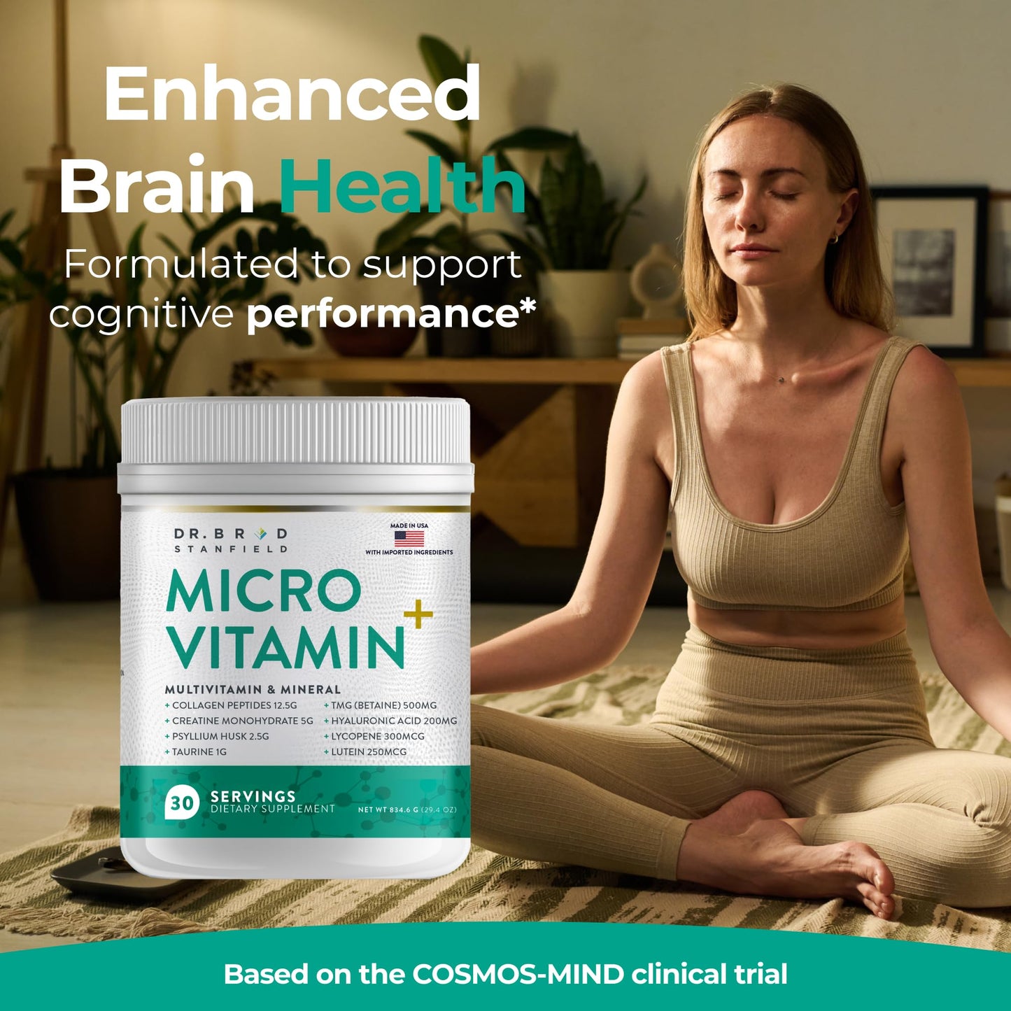 Dr Brad Stanfield Collagen Peptides + Creatine Monohydrate + Psyllium Husk + Taurine + TMG + Hyaluronic Acid + MultiVitamin & Mineral (30 Servings, Mixed Berry)
