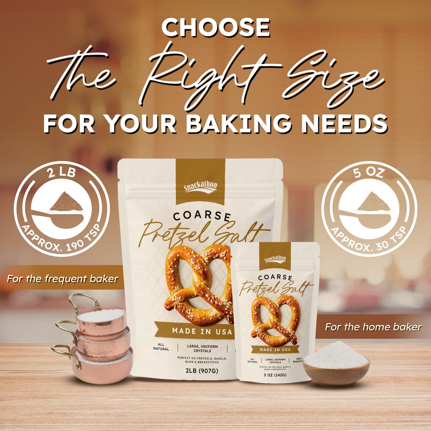 Snackathon Coarse Pretzel Salt, Heat Resistant Large Crystals, 5 oz Resealable Bag, Made in USA, All-Natural Topping for Soft Pretzels, Bagels & Breads