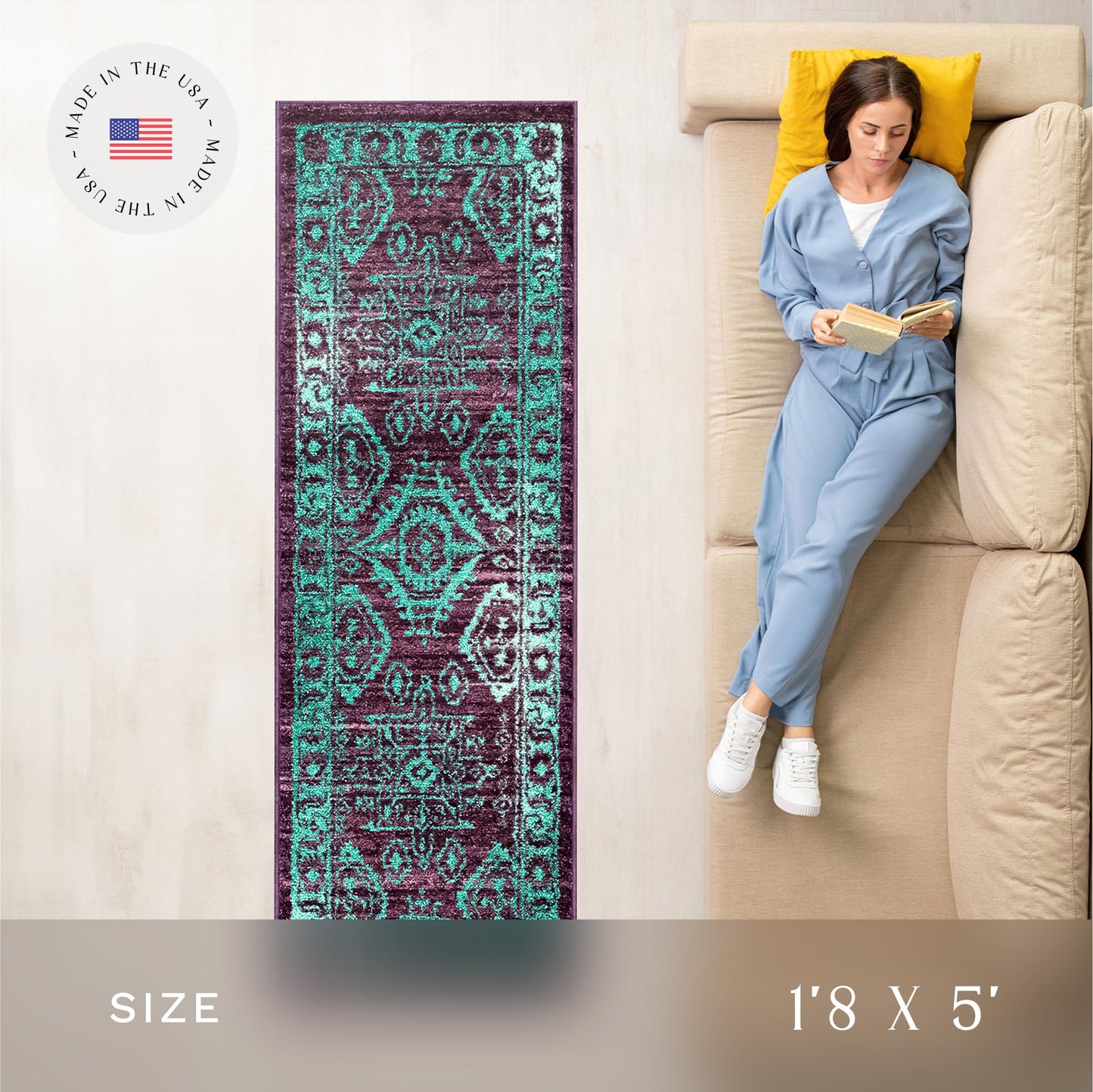 Maples Rugs Georgina Traditional Runner Rug – Made in USA – Washable, Non Slip Indoor Carpet for Hallway, Kitchen, and Laundry Room, 1'8 x 5', Wineberry/Teal