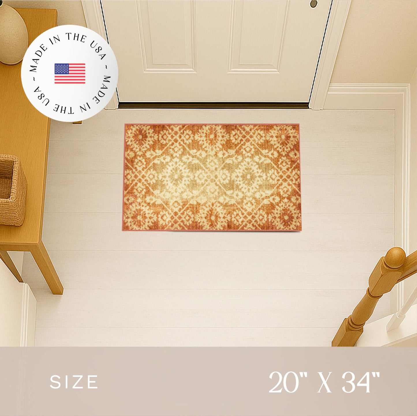 Maples Rugs Arden Vintage Distressed Area Rugs – Made in USA – Washable, Non Slip Indoor Carpet for Entryway, Foyer, Kitchen, and Bathroom, 20" x 34", Gold/Terracotta