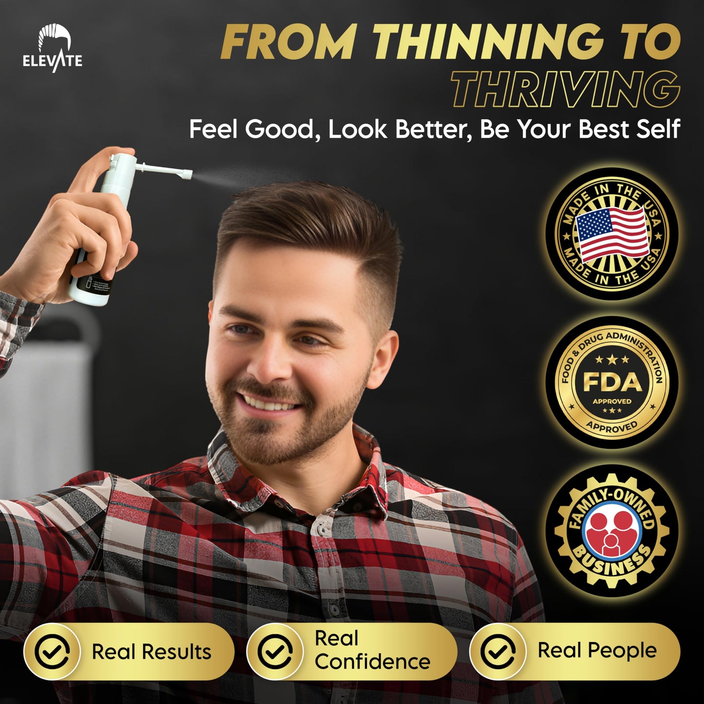 Elevate Hair Regrowth Treatment 5% Minoxidil Spray for Men - Clinically Proven Formula Fast Absorbing for Hair Loss and Growth Unscented Topical Hair Spray for Thinning & Balding Hair - Made in USA