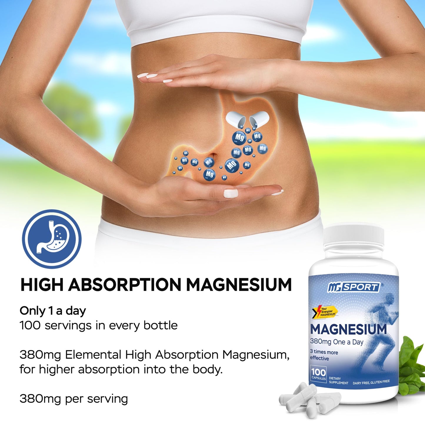 Magnesium Supplement Complex MGSPORT - High Absorption Supplement with Vitamins B6, D, E - Relieves Leg Cramps & Muscle Support - 100 Servings