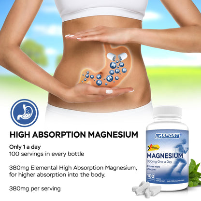 Magnesium Supplement Complex MGSPORT - High Absorption Supplement with Vitamins B6, D, E - Relieves Leg Cramps & Muscle Support - 100 Servings