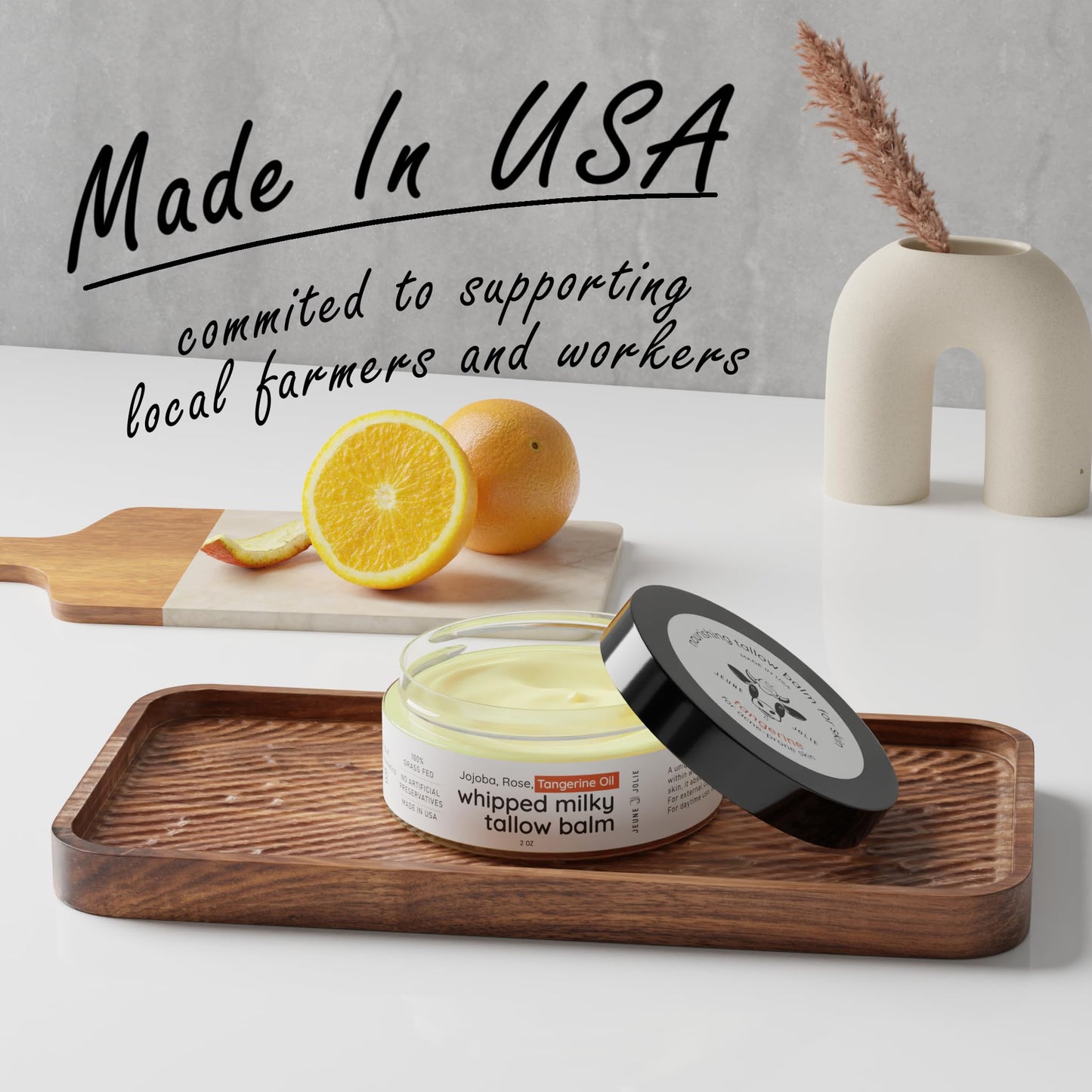 Jeune Jolie Whipped Milky Beef Tallow For Skin & Face | Made in USA | 100% Grass-Fed with All-Natural Organic Oils, Dewy Finish Beef Tallow Balm Moisturizer - For Normal to Oily Skin, Tangerine 2oz