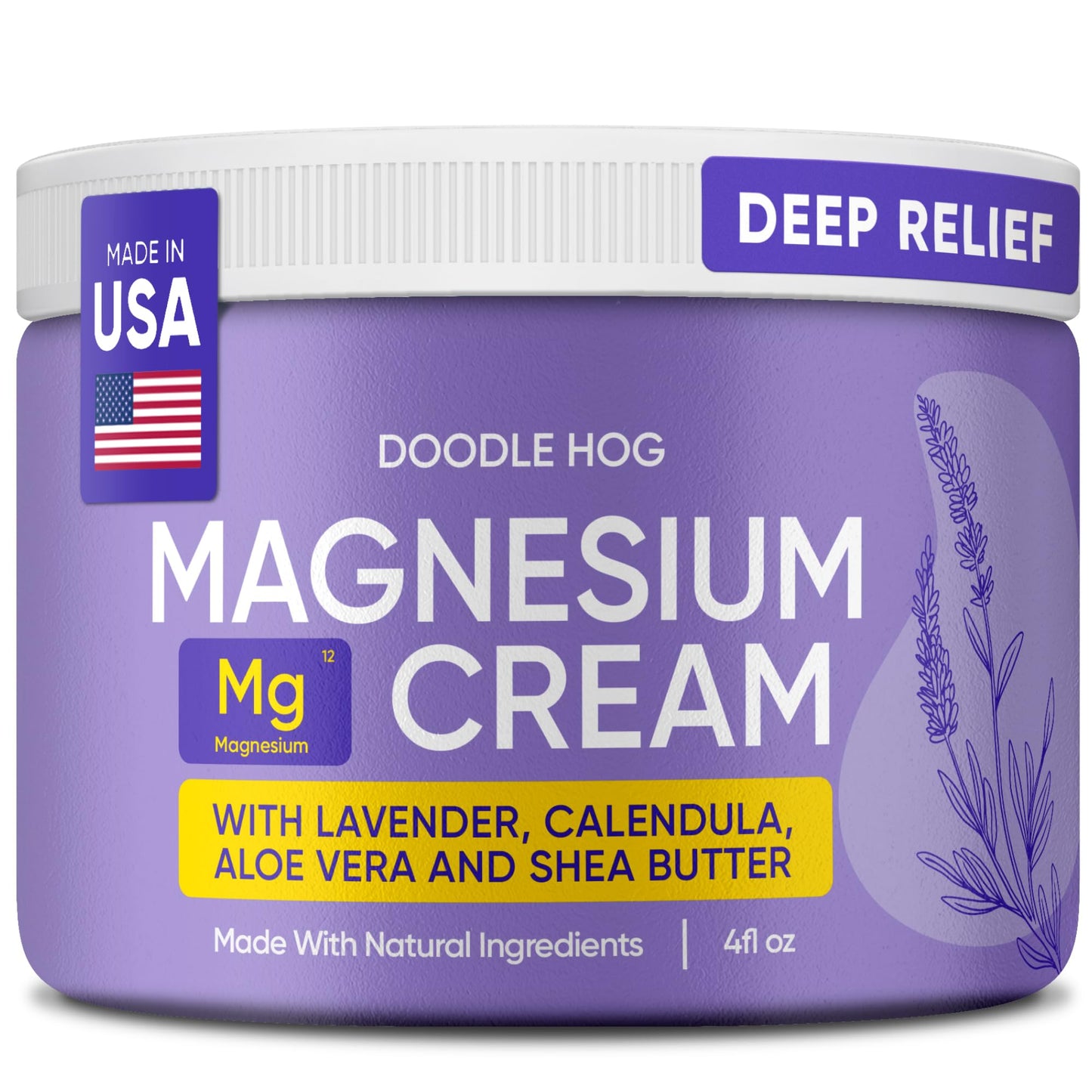 DOODLE HOG Magnesium Cream Lavender Scent - Soothing Relief & Relaxation with Calendula, Aloe Vera, Shea Butter - Topical Magnesium Cream for Sleep - USA Made - (4 oz, Lavender)