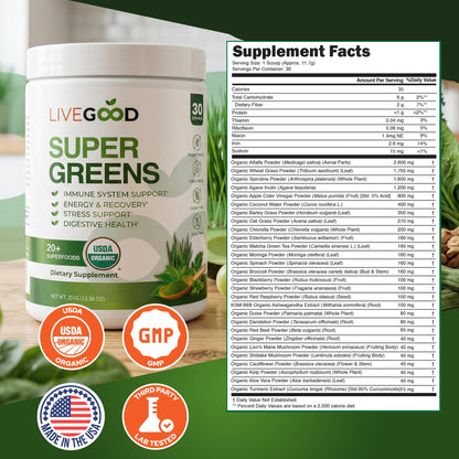 LIVEGOOD Daily Greens Powder Organic Blend for Digestion & Focus – Super Greens Supplement Powder for Immune Support – 30 Servings