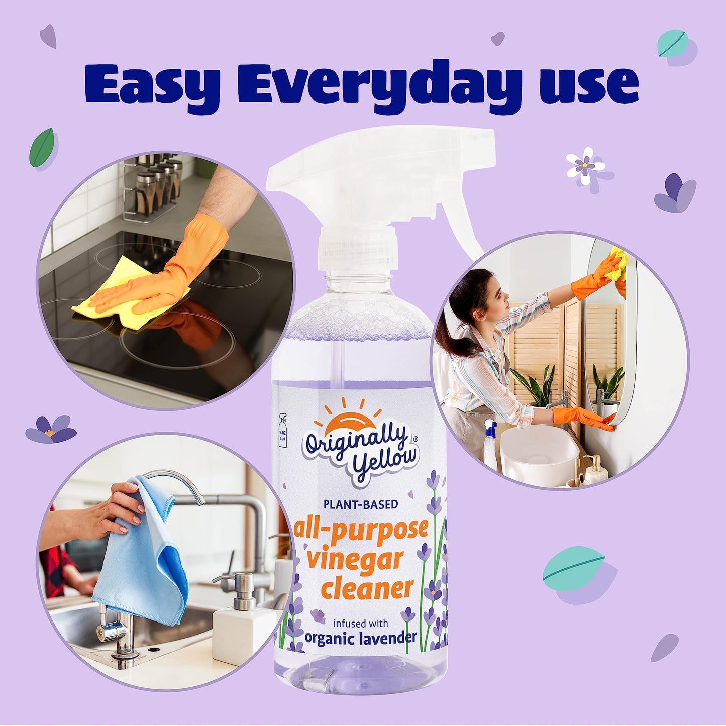 Originally Yellow Lavender Vinegar All Purpose Cleaning Spray | Distilled Cleaning Vinegar For Every Room In the House | Plant-Derived All Purpose Cleaner | Living Room, Bathroom, & Kitchen | 3 Pack