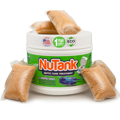 NuTank Septic Tank Treatment - 12 Dissolving Packets - 1 Year Supply of Septic Safe Enzyme Producing Packets - Helps Protect Against Costly Septic Backups - Made in USA