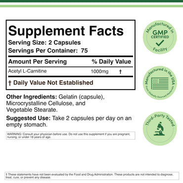 Acetyl L-Carnitine 1,000mg Per Serving, 150 Capsules (ALCAR for Brain Function Support, Memory, Attention, and Stamina) Acetyl L Carnitine That is Third Party Tested by Double Wood