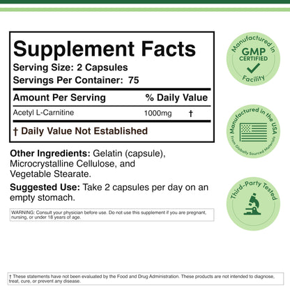 Acetyl L-Carnitine 1,000mg Per Serving, 150 Capsules (ALCAR for Brain Function Support, Memory, Attention, and Stamina) Acetyl L Carnitine That is Third Party Tested by Double Wood