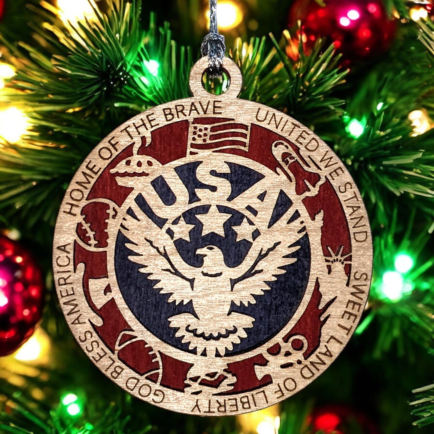 Patriotic USA Christmas Ornament - 3" Wood Eagle Design with American Icons, Handmade in Oregon