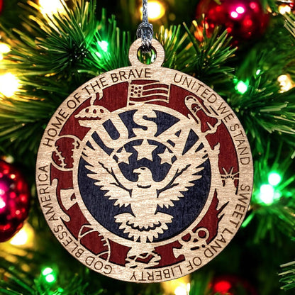 Patriotic USA Christmas Ornament - 3" Wood Eagle Design with American Icons, Handmade in Oregon