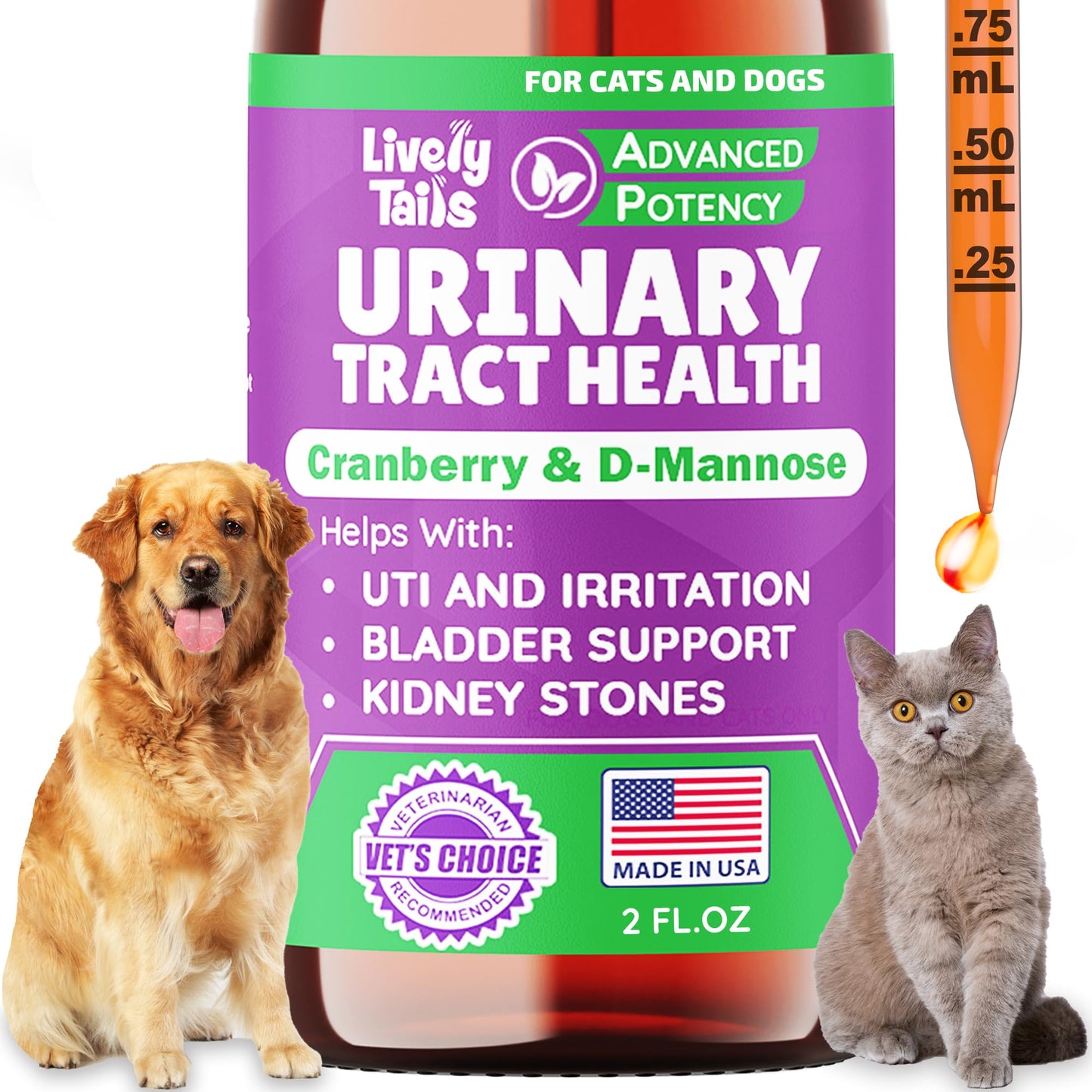 Natural Dog & Cat UTI Treatment with Cranberry & D-Mannose, Bladder, Kidney, Incontinence Support, Healthy Urinary Tract for Dogs, Best Cat Urinary Tract Infection Treatment, Easy-to-Use Drops, 2 oz