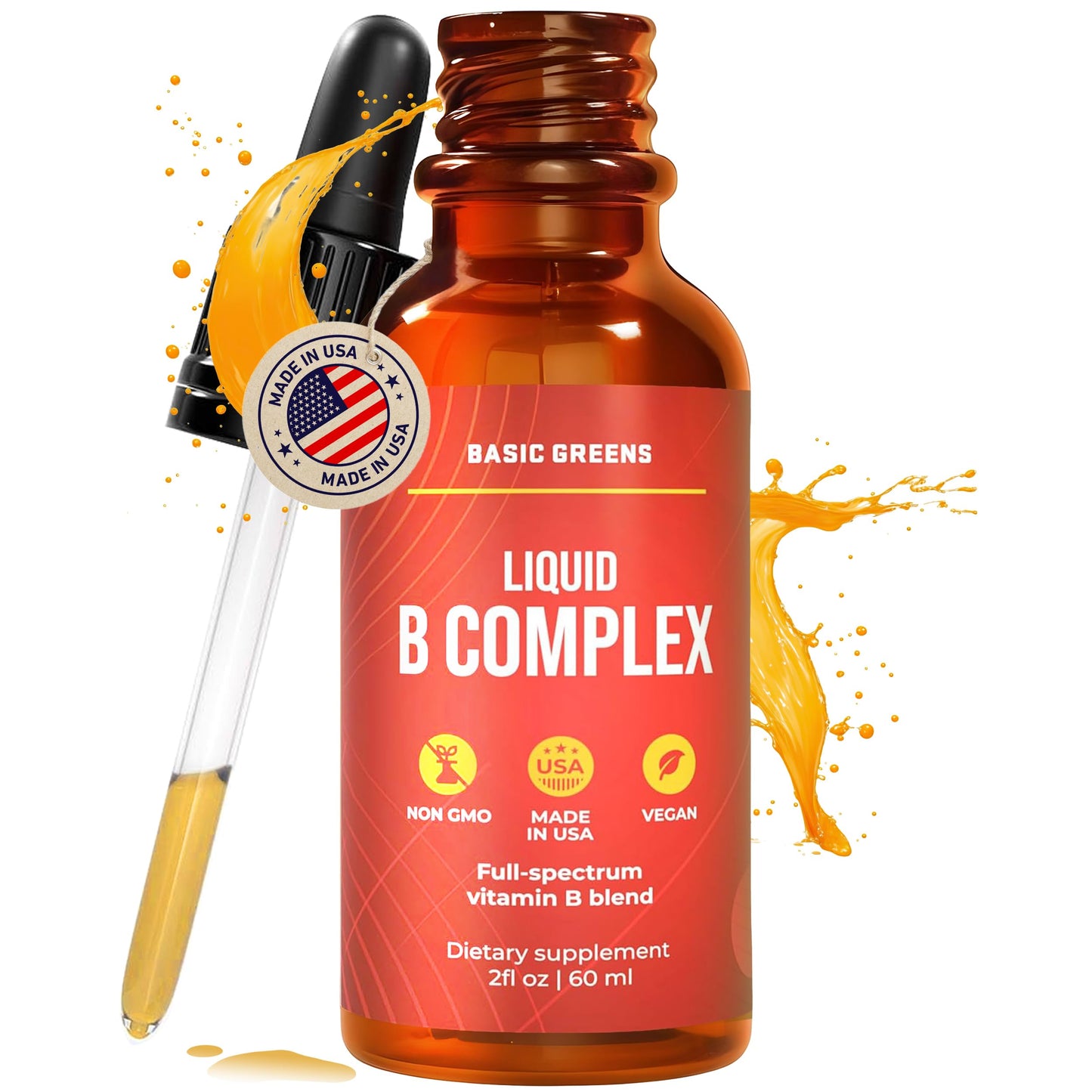 BASIC GREENS Vitamin B Complex Liquid Drops - Strength Sublingual Formula, Maximizes Absorption & Boosts Energy - B1, B2, B3, B5, B6, B7, B9, B12 - Natural Vegan Supplement for Immunity (B Complex)