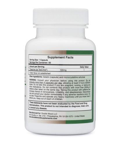 Theacrine (Teacrine) 100 Mg, 60 Capsules - Energy and Focus Supplement (Similar to Caffeine Pills but More Subtle and Longer Lasting) Non-GMO and Gluten Free by Double Wood