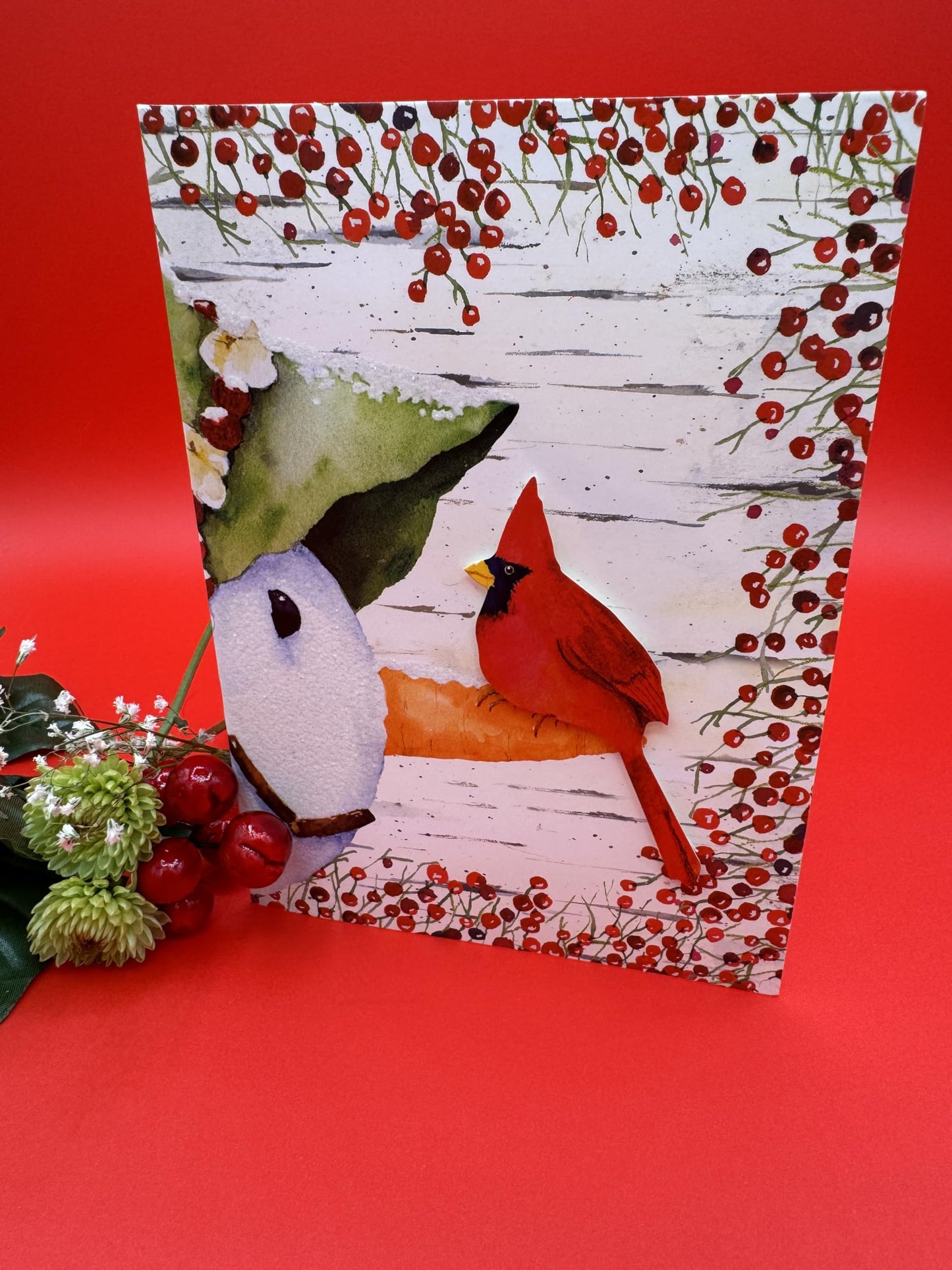 Performing Arts Premium Boxed Cardinal Christmas Card - Pack of 12 Hand Embellished Snowman and Bird Holiday Cards with Envelopes - Full color Inside - Merry Christmas Card - Made in USA