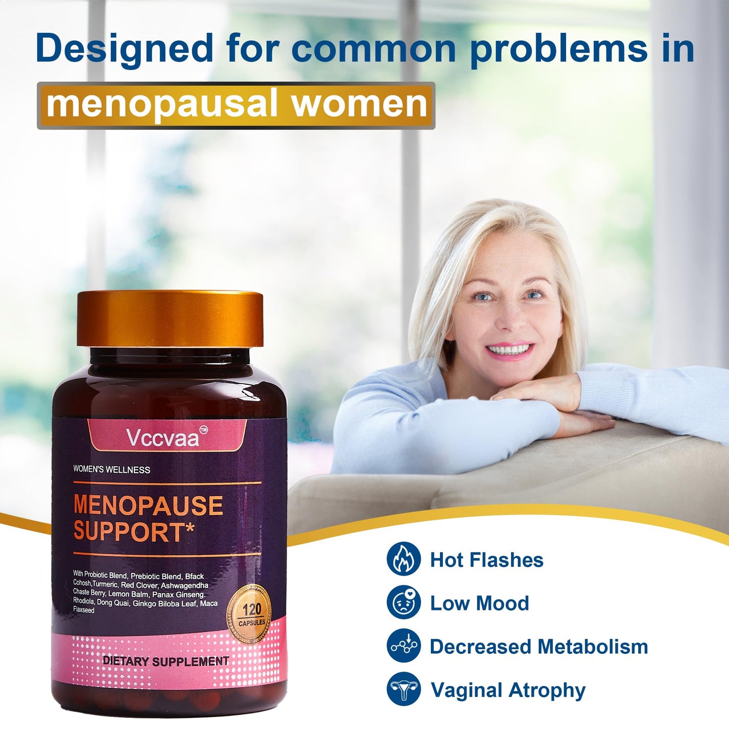 Vccvaa 40-in-1 Menopause Support for Women – Hormonal Balance, Hot Flash & Mood Relief – Black Cohosh, DIM, Maca, Red Clover, Probiotics, B6, D3 & More – Vegan, 120 Capsules