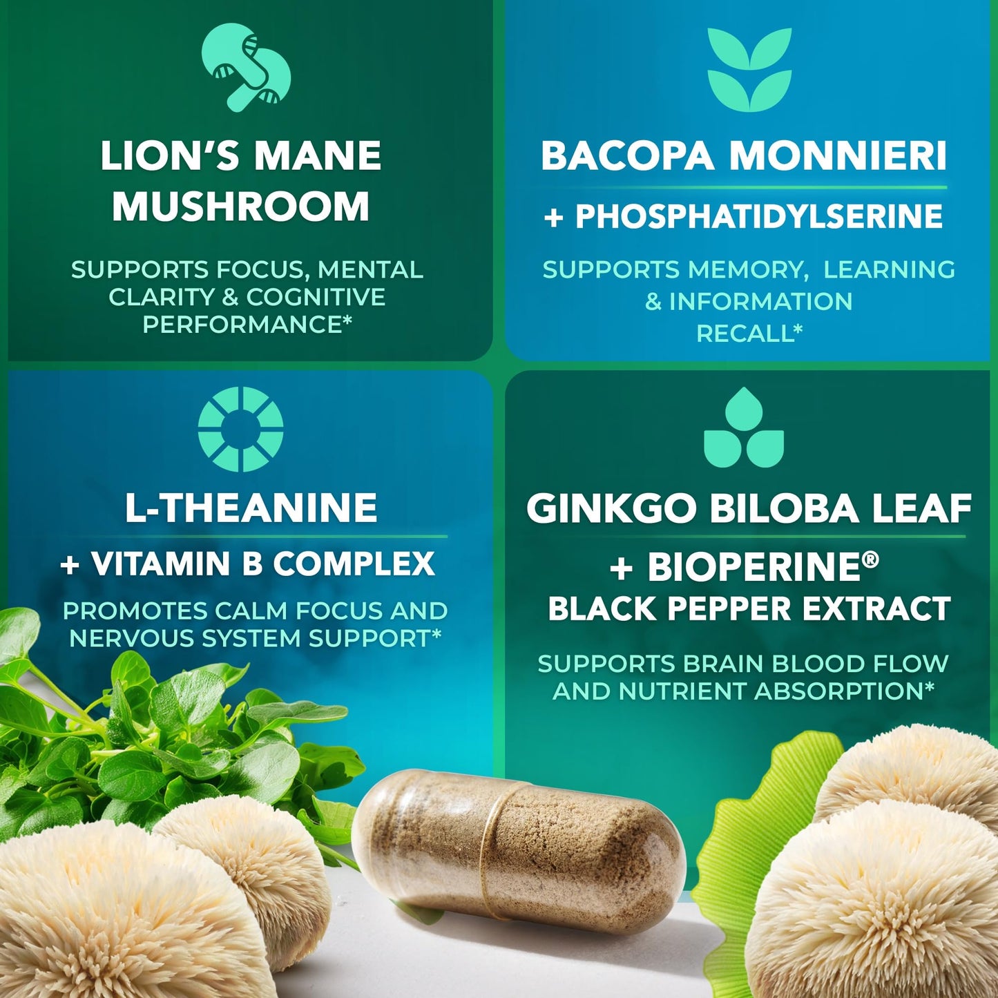 Lions Mane Supplement Capsules – 1000 mg per Serving, Complete Brain Support Complex with L Theanine, Ginkgo Leaf, Vitamin B6, B12 - Vegan, Non-GMO & Made in USA Lions Mane Mushroom - 60 Capsules