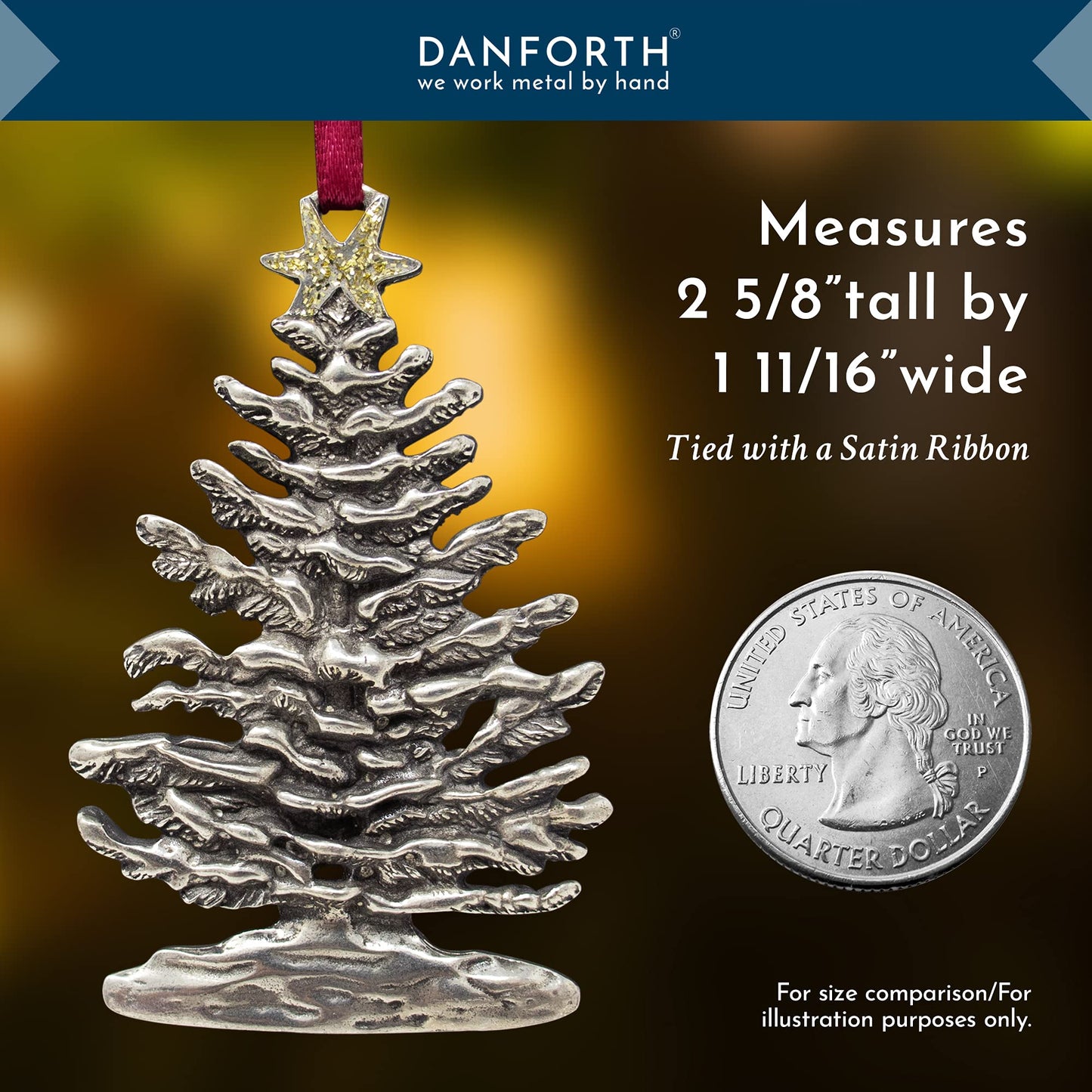 Danforth Snowy Christmas Tree Ornament (Gold Star) – Handcrafted Pewter Christmas Ornament – Satin Ribbon, 2 5/8” by 1 11/16”, Made in USA