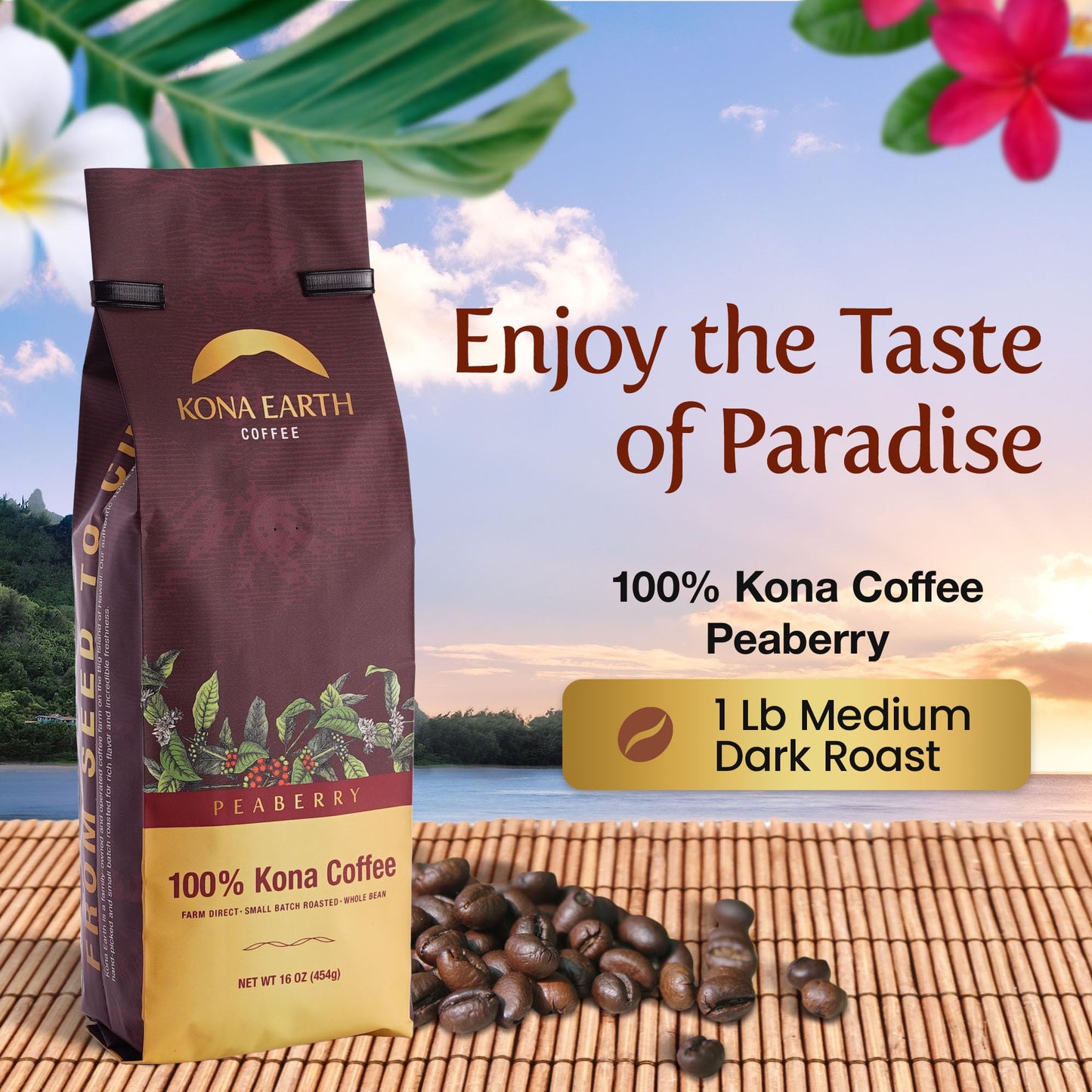 KONA EARTH - Peaberry, 100% Kona Coffee, Whole Farm-Fresh Medium Dark Roast Coffee Beans, Micro-Batch-Roasted, 1 lb., Pack of 1