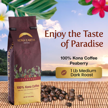 KONA EARTH - Peaberry, 100% Kona Coffee, Whole Farm-Fresh Medium Dark Roast Coffee Beans, Micro-Batch-Roasted, 1 lb., Pack of 1