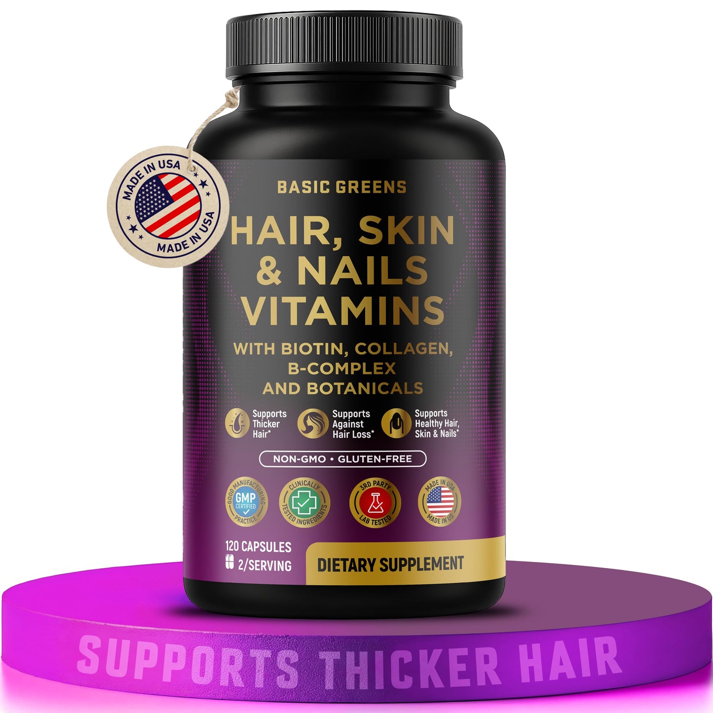 Hair, Skin & Nails Vitamins with Biotin 10000 mcg, Collagen, B-Complex & Botanicals – Supports Healthy Hair, Glowing Skin & Strong Nails – Non-GMO, Gluten-Free – Made in USA – 120 Capsules