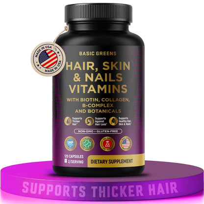 Hair, Skin & Nails Vitamins with Biotin 10000 mcg, Collagen, B-Complex & Botanicals – Supports Healthy Hair, Glowing Skin & Strong Nails – Non-GMO, Gluten-Free – Made in USA – 120 Capsules