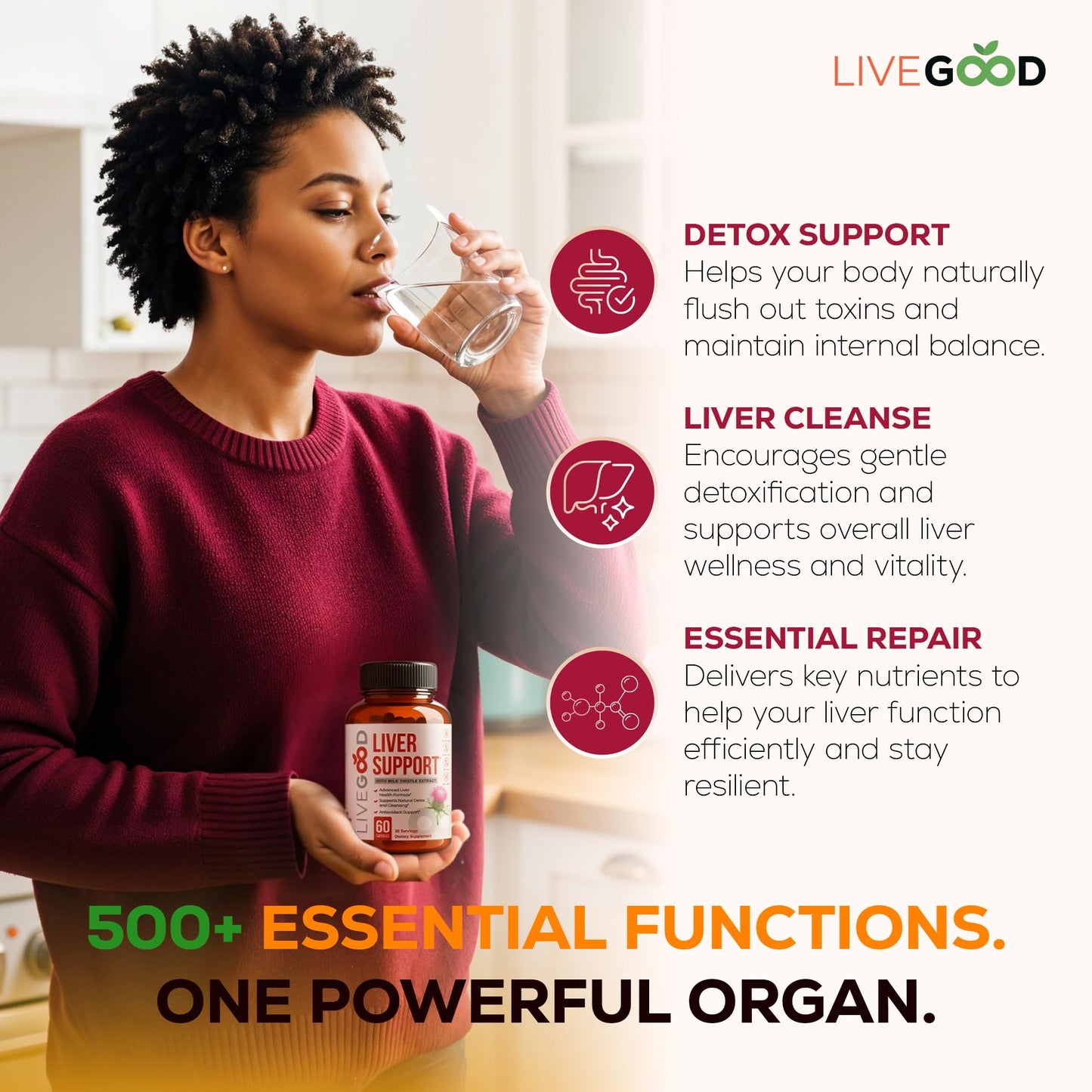 LIVEGOOD Liver Support Supplement for Liver Cleanse Detox, Milk Thistle and Dandelion Root, with Turmeric and Alpha Lipoic Acid for Overall Health (60 Count)