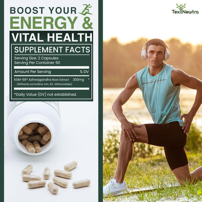 TEX NEWTRA KSM-66 Ashwagandha Root Extract 600mg, 60 Capsules - 5% Withanolides - Full-Spectrum Root Extract