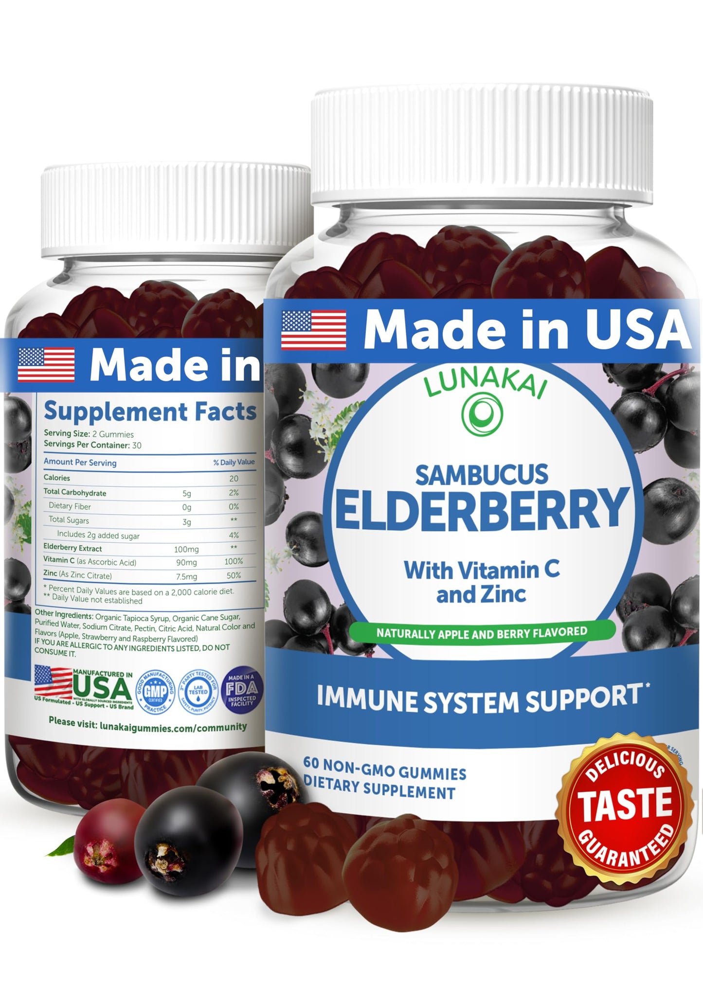Lunakai USA Made Black Sambucus Elderberry Gummies for Adults & Kids with Vitamin C & Zinc - Immune Support, Antioxidants, Non-GMO, 60 Gummies