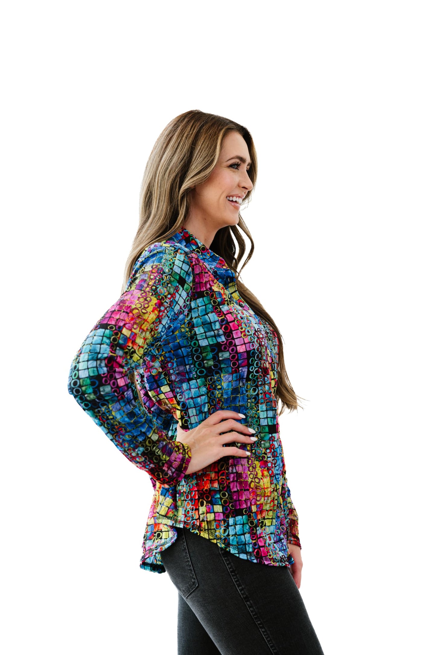 SNO SKINS Fall/Winter Collection Designer Print Crinkle Button-Down Shirt (Spectrum)
