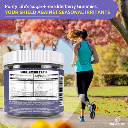 Purify Life Sugar-Free Elderberry Gummies with Vitamin C & Zinc for Adults and Kids, Immune Support Supplement for Respiratory Health, Sambucus Elderberry Antioxidant Gummies - Vegan, 90 Count