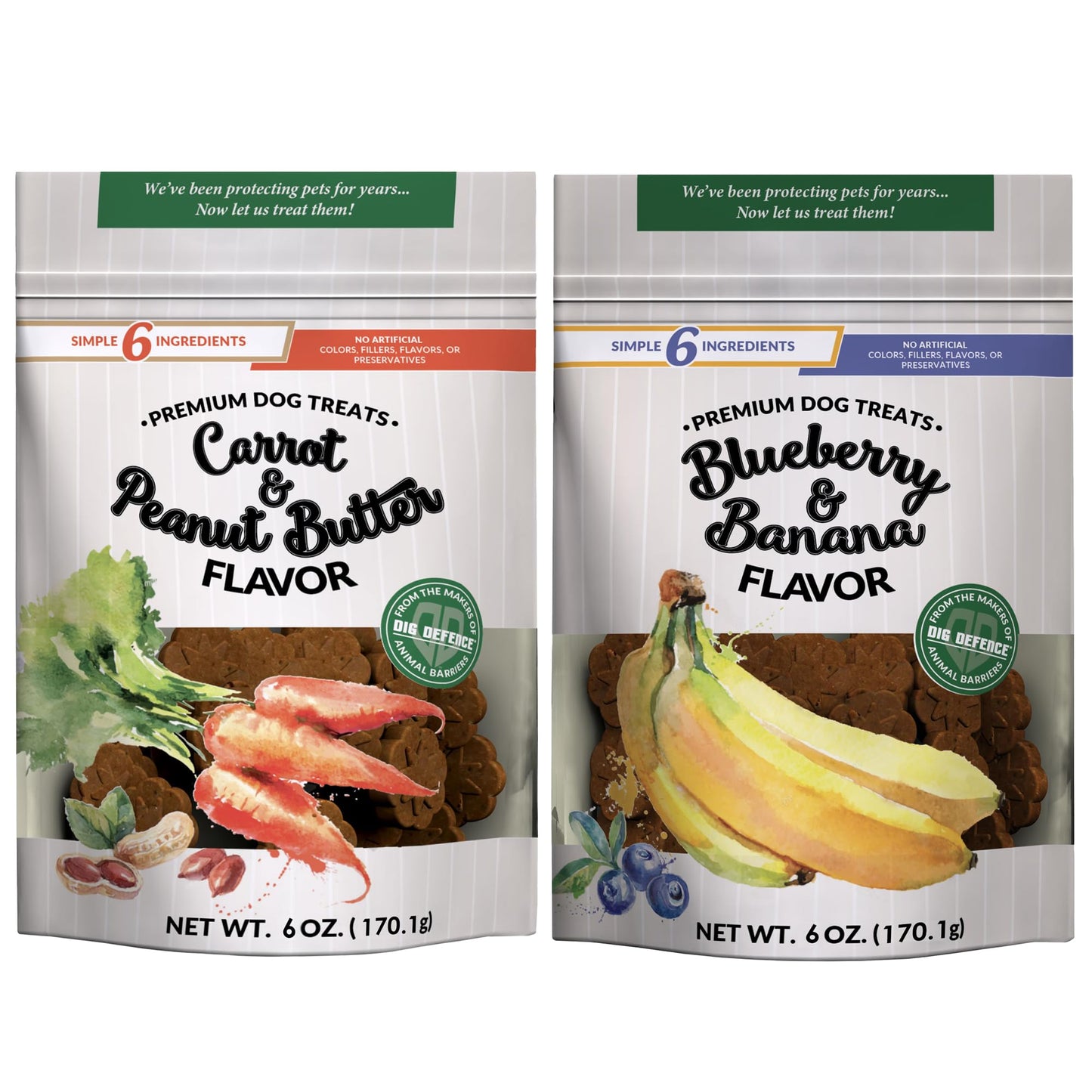 Dig Defence Premium Dog Treats - Carrot/Peanut Butter and Blueberry/Banana, Natural Ingredients, Baked Gourmet Snacks for Small & Big Dogs, Healthy Training Treat, 2 Pack